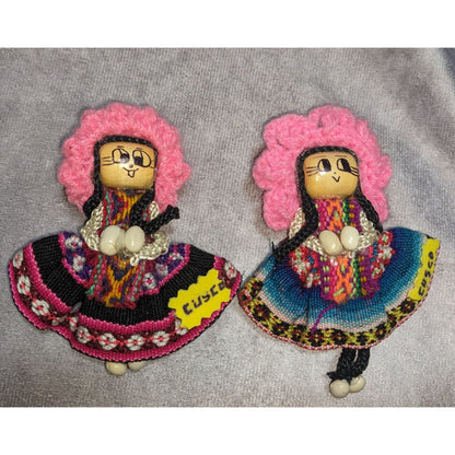 Handmade Peruvian Cusco Doll Magnets - Colorful Folk Art Keepsakes - Set Of 2 4" Tall