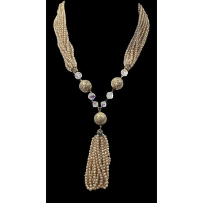 Vintage Gold Tone Faux Pearl Beaded Y Necklace