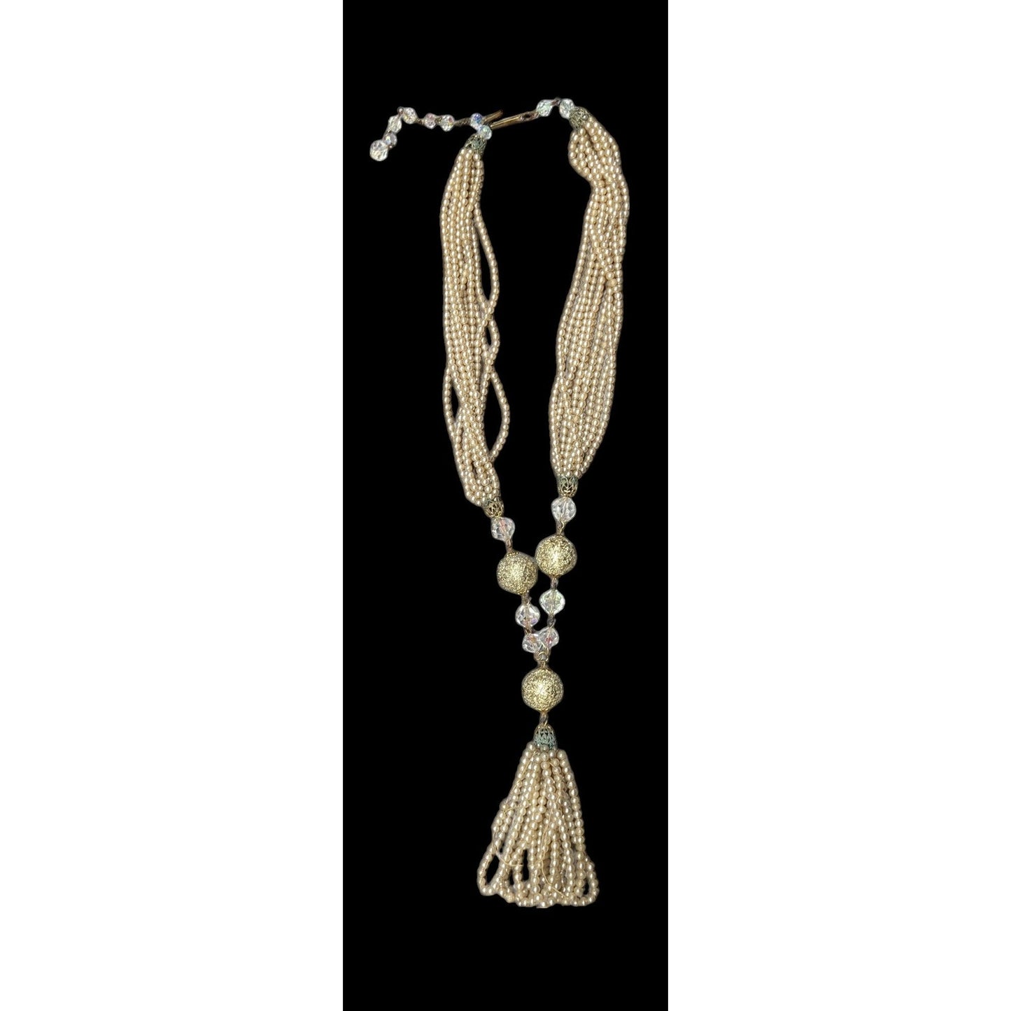 Vintage Gold Tone Faux Pearl Beaded Y Necklace