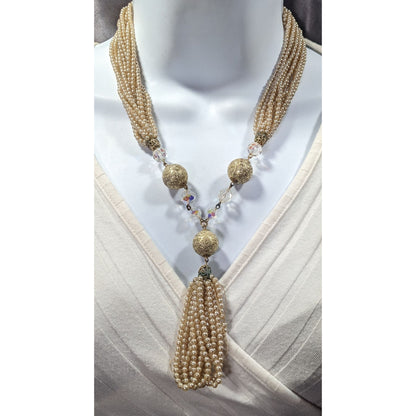 Vintage Gold Tone Faux Pearl Beaded Y Necklace
