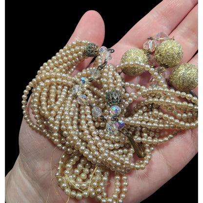 Vintage Gold Tone Faux Pearl Beaded Y Necklace