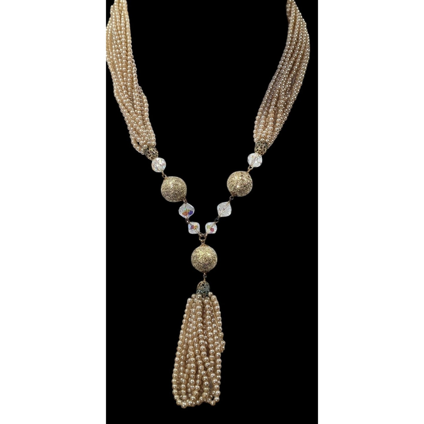 Vintage Gold Tone Faux Pearl Beaded Y Necklace