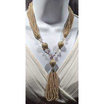 Vintage Gold Tone Faux Pearl Beaded Y Necklace