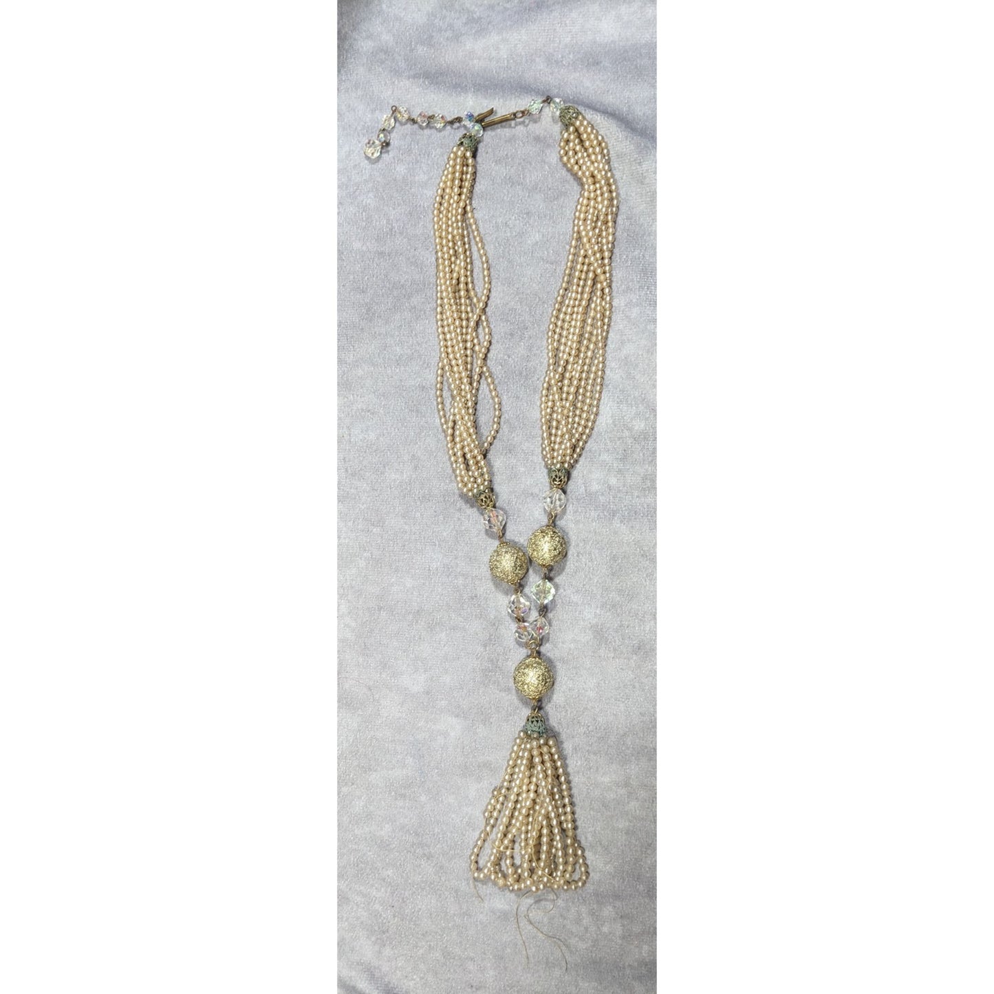 Vintage Gold Tone Faux Pearl Beaded Y Necklace