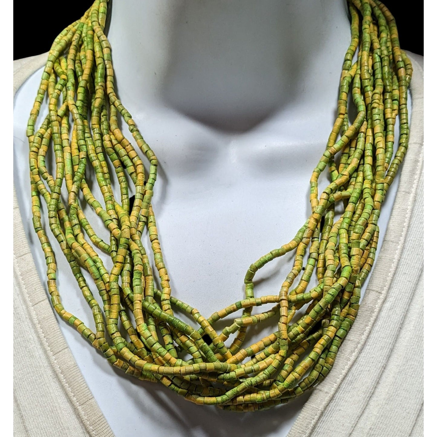 Vintage Retro Wooden Multistrand Green & Yellow Beaded Necklace