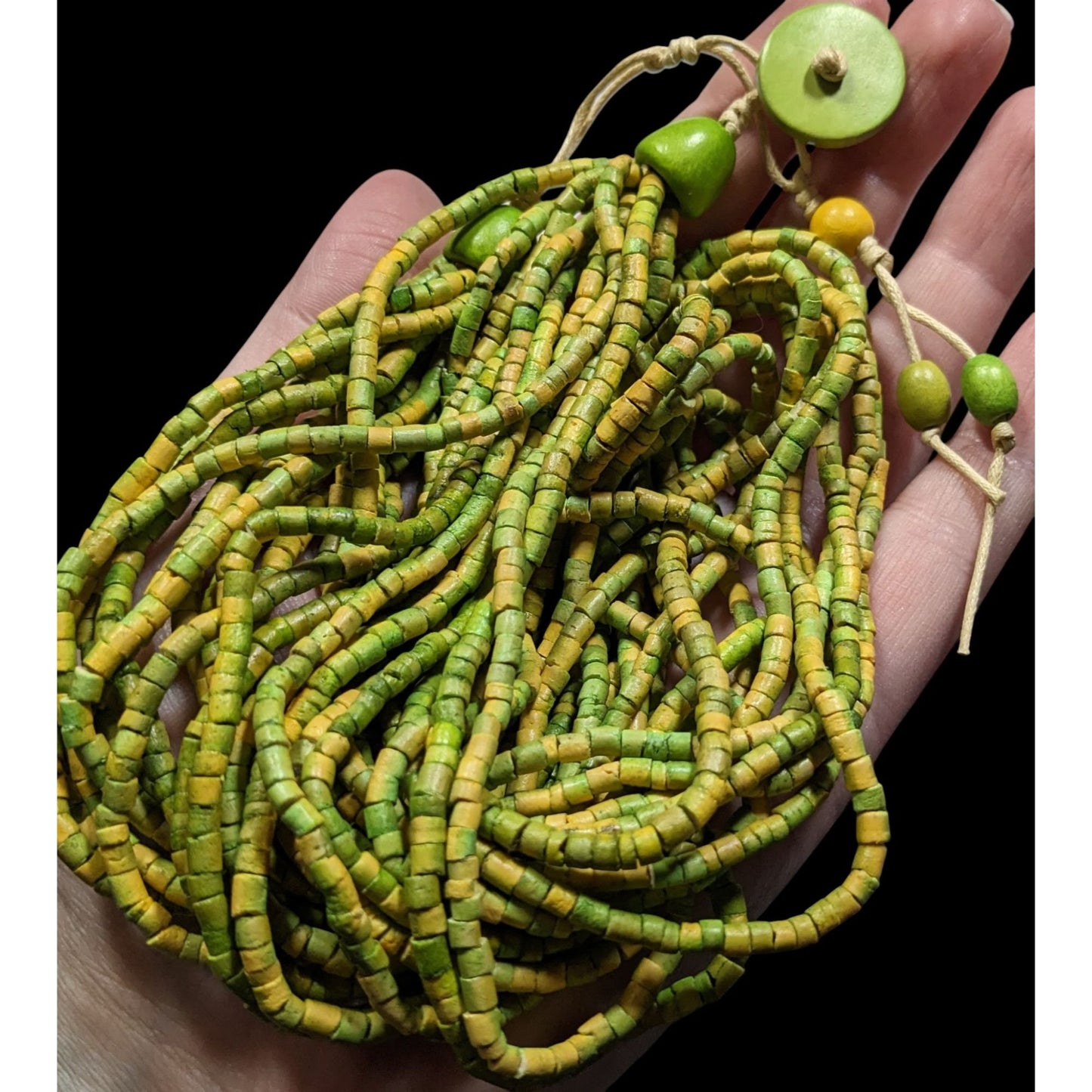 Vintage Retro Wooden Multistrand Green & Yellow Beaded Necklace