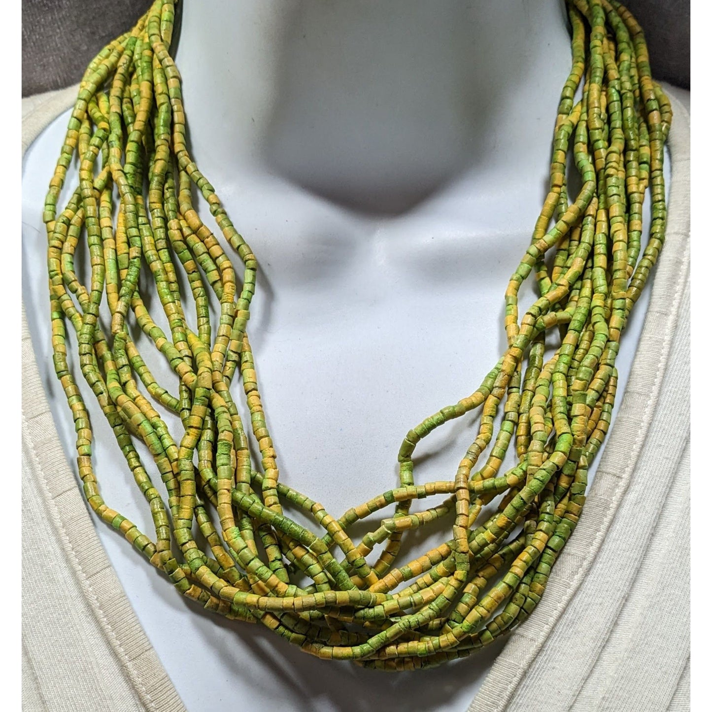 Vintage Retro Wooden Multistrand Green & Yellow Beaded Necklace