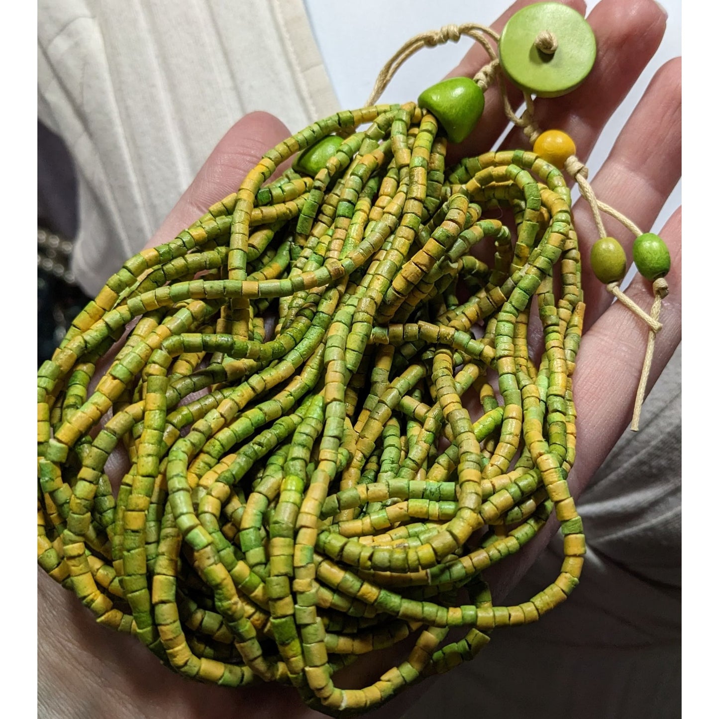 Vintage Retro Wooden Multistrand Green & Yellow Beaded Necklace