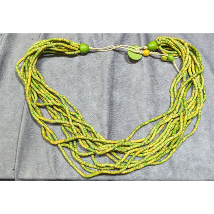 Vintage Retro Wooden Multistrand Green & Yellow Beaded Necklace