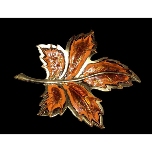 Gold Tone Orange Enamel Glitter Leaf Brooch