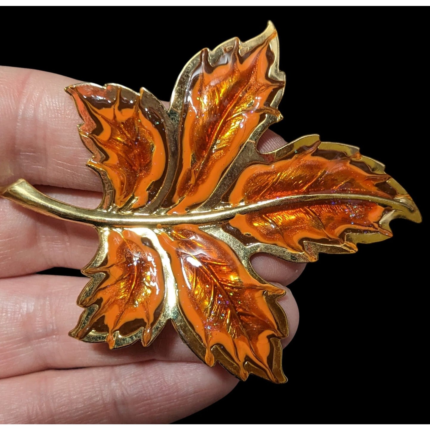 Gold Tone Orange Enamel Glitter Leaf Brooch