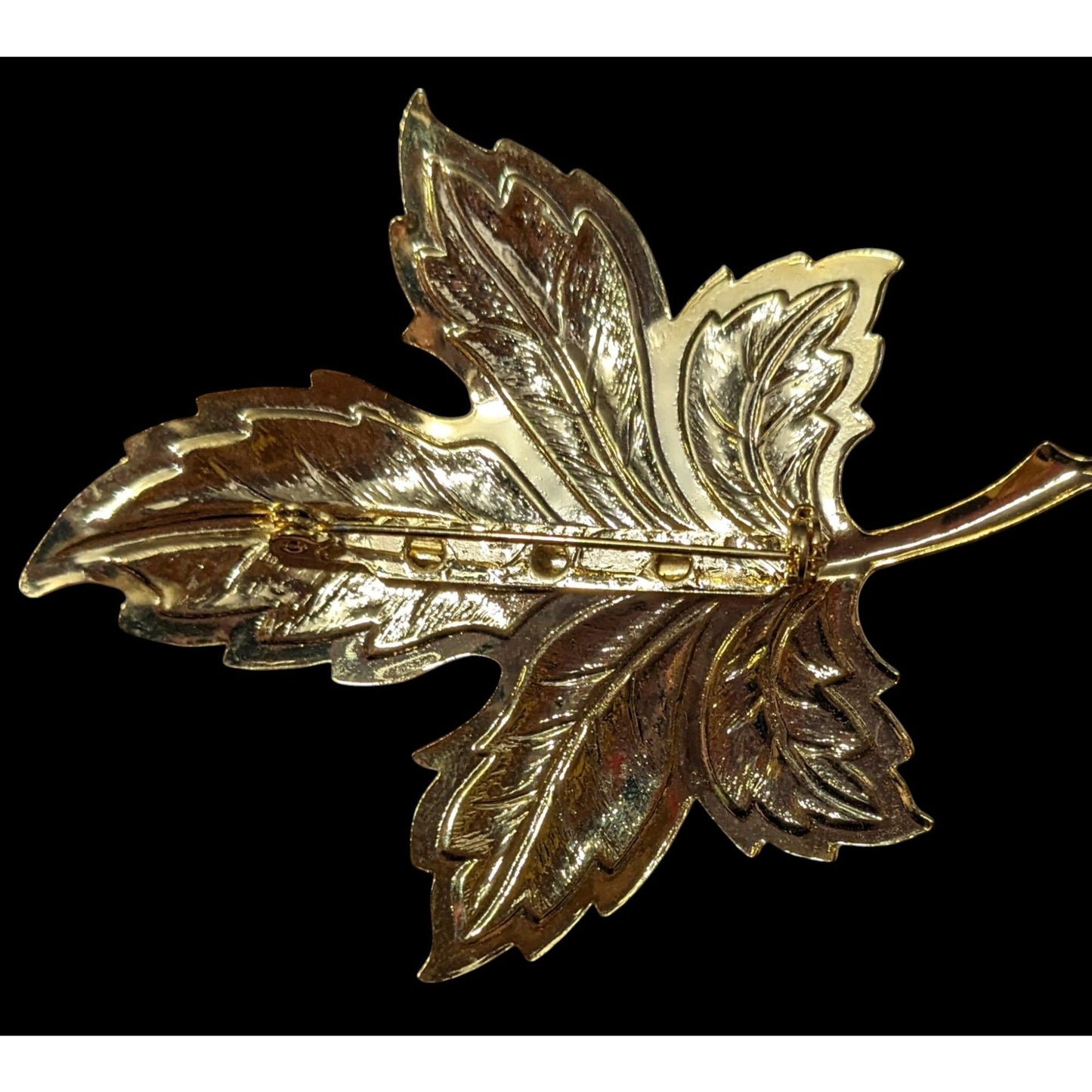 Gold Tone Orange Enamel Glitter Leaf Brooch