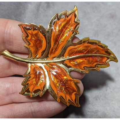 Gold Tone Orange Enamel Glitter Leaf Brooch