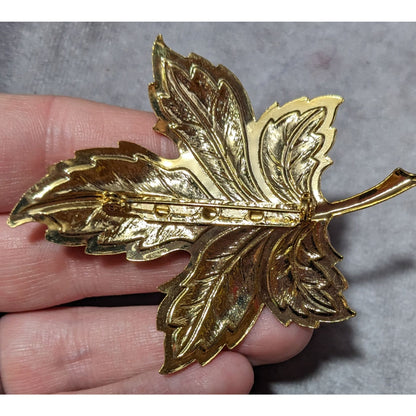 Gold Tone Orange Enamel Glitter Leaf Brooch