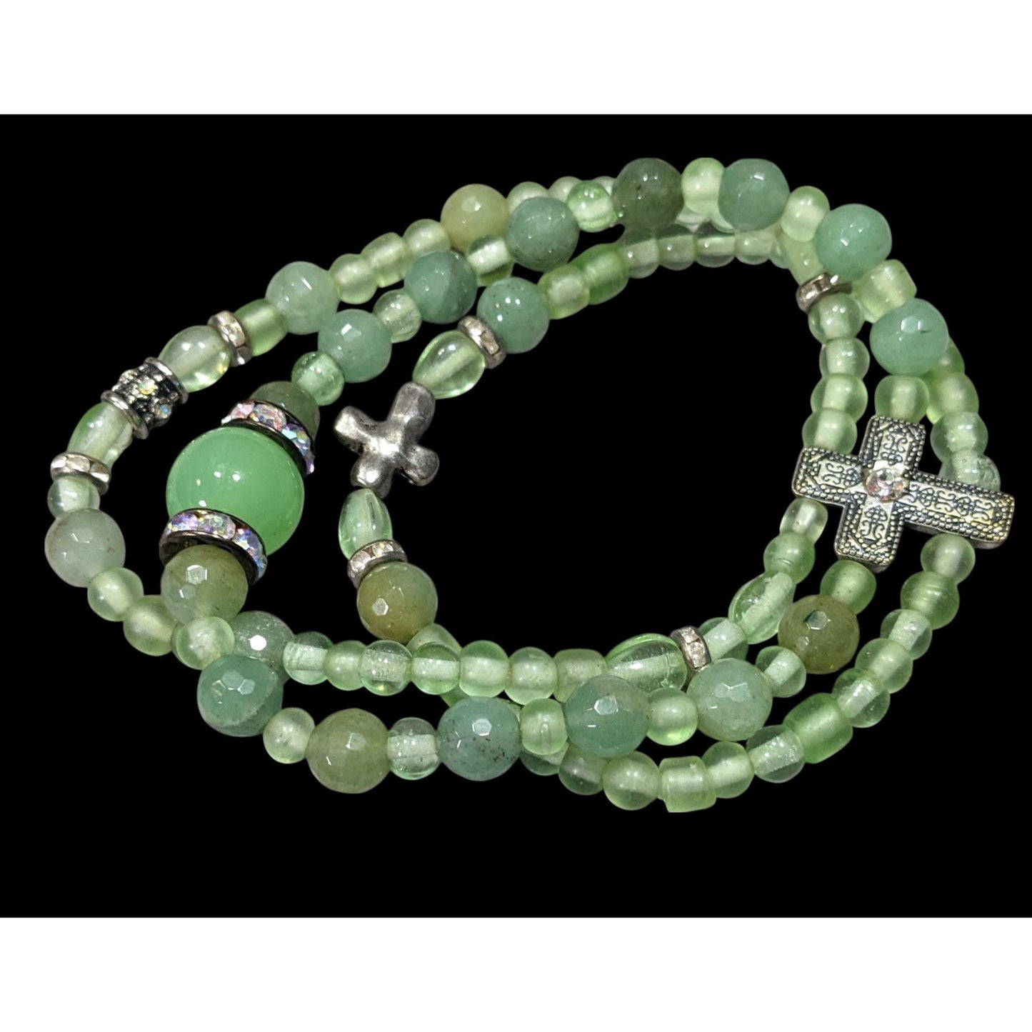Religious Green Glass Beaded Layered Stretch Bracelet