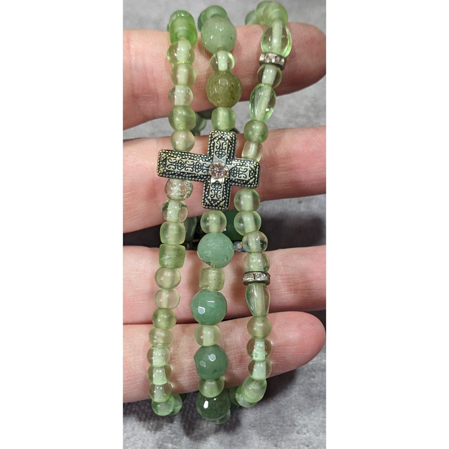 Religious Green Glass Beaded Layered Stretch Bracelet