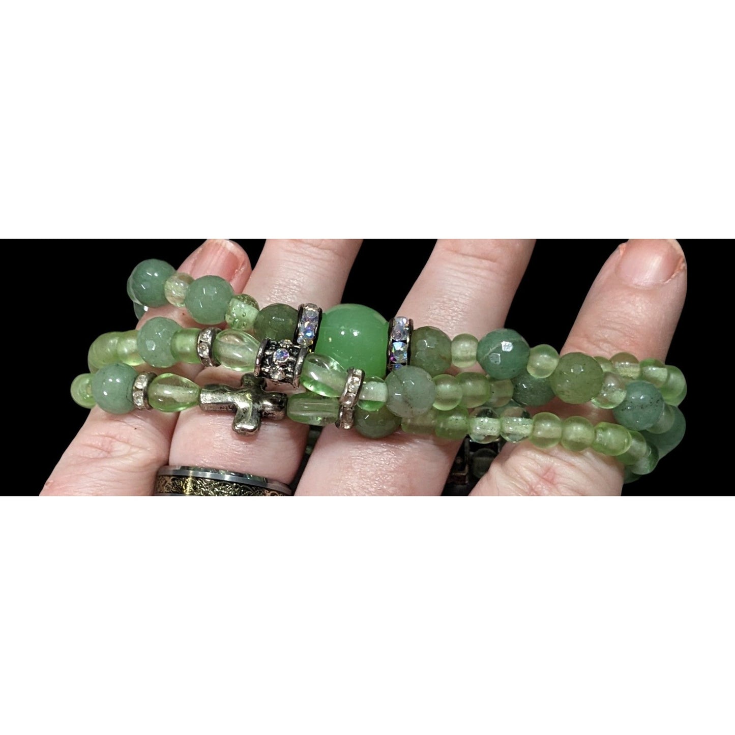Religious Green Glass Beaded Layered Stretch Bracelet