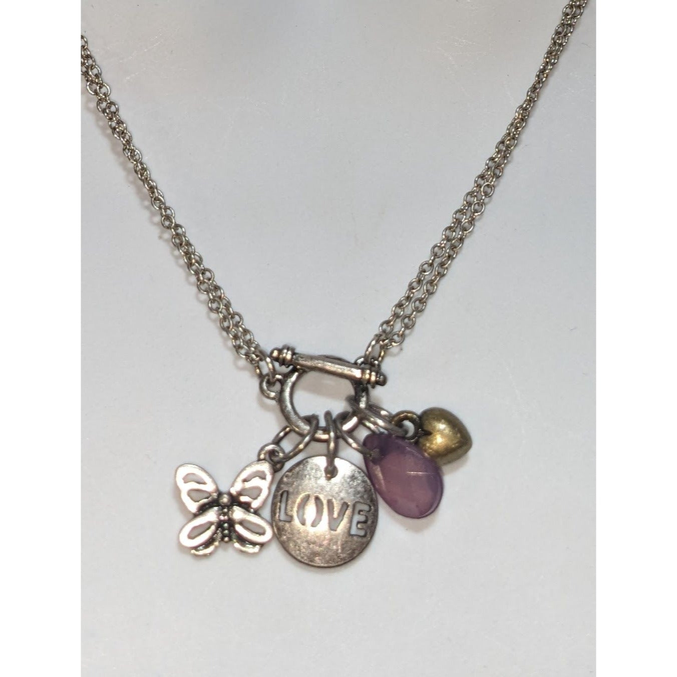 Silver Butterfly Charm Necklace Love Pendant Pink Crystal Heart Layering Necklace