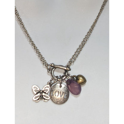 Silver Butterfly Charm Necklace Love Pendant Pink Crystal Heart Layering Necklace