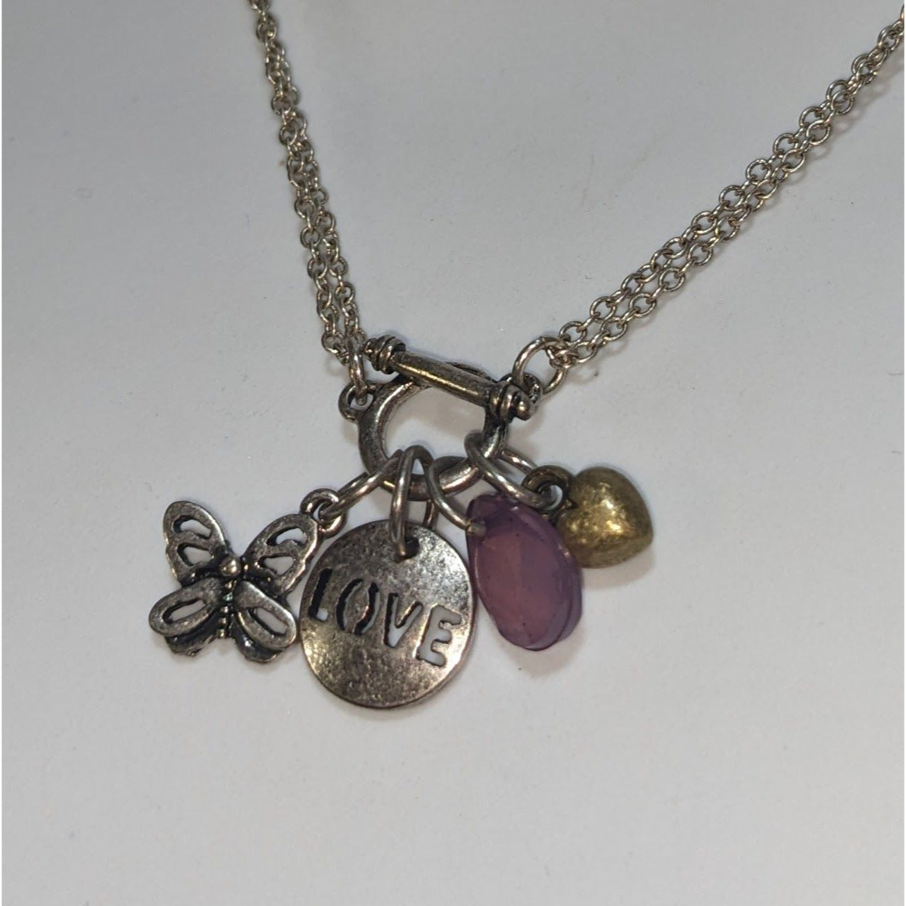 Silver Butterfly Charm Necklace Love Pendant Pink Crystal Heart Layering Necklace