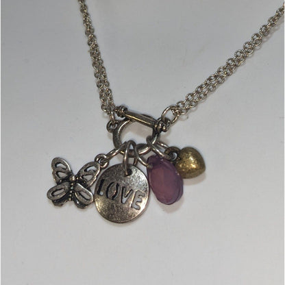 Silver Butterfly Charm Necklace Love Pendant Pink Crystal Heart Layering Necklace