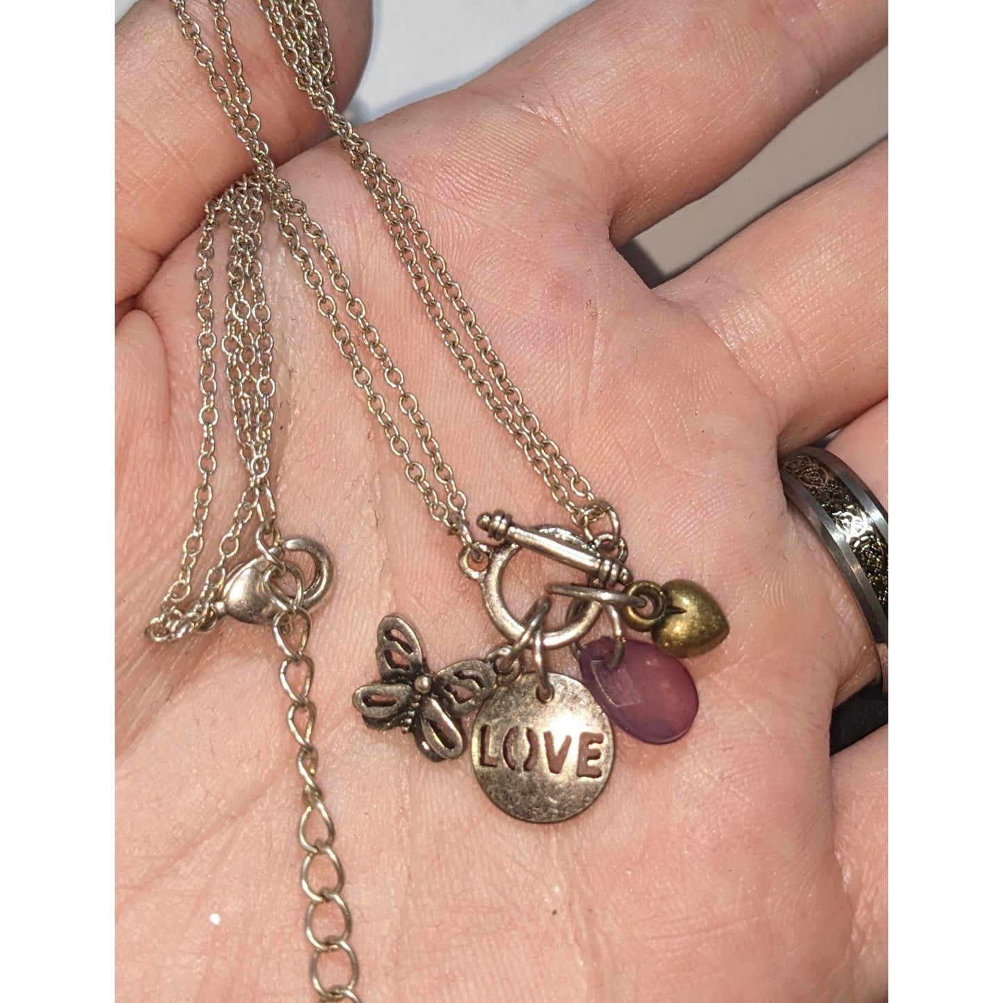 Silver Butterfly Charm Necklace Love Pendant Pink Crystal Heart Layering Necklace