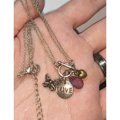 Silver Butterfly Charm Necklace Love Pendant Pink Crystal Heart Layering Necklace
