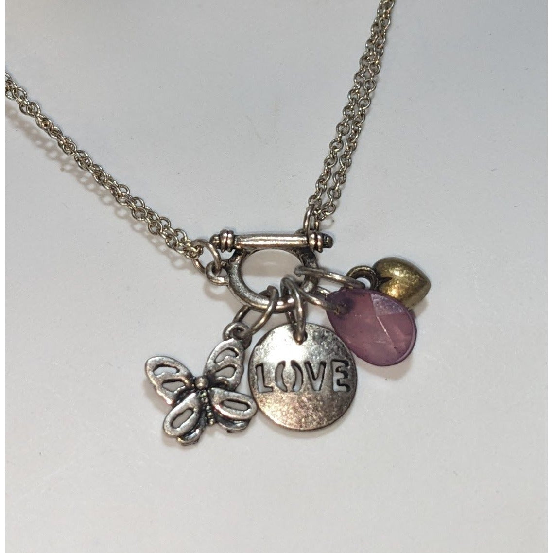 Silver Butterfly Charm Necklace Love Pendant Pink Crystal Heart Layering Necklace