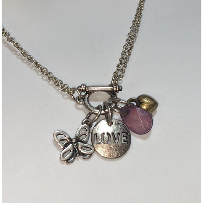 Silver Butterfly Charm Necklace Love Pendant Pink Crystal Heart Layering Necklace