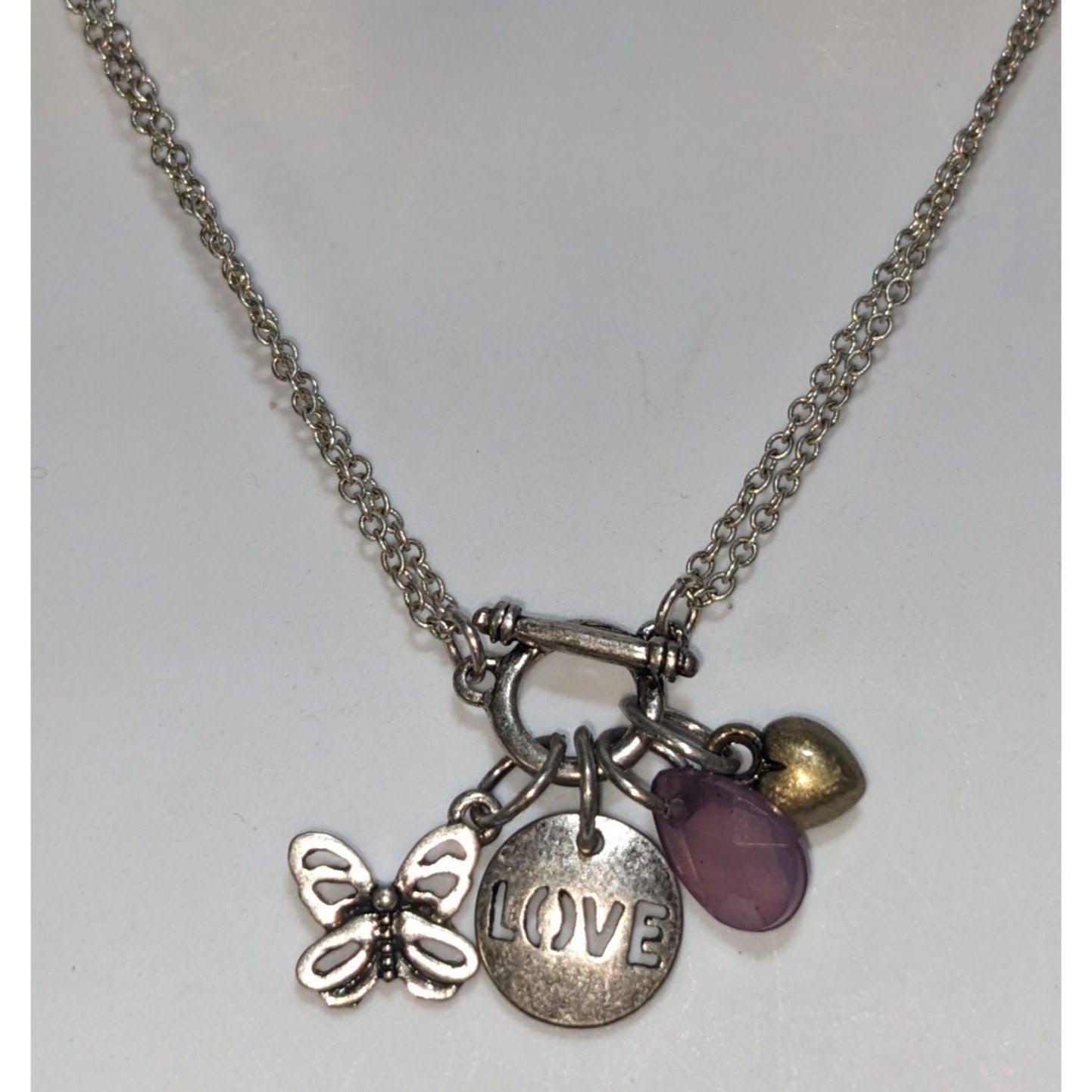 Silver Butterfly Charm Necklace Love Pendant Pink Crystal Heart Layering Necklace