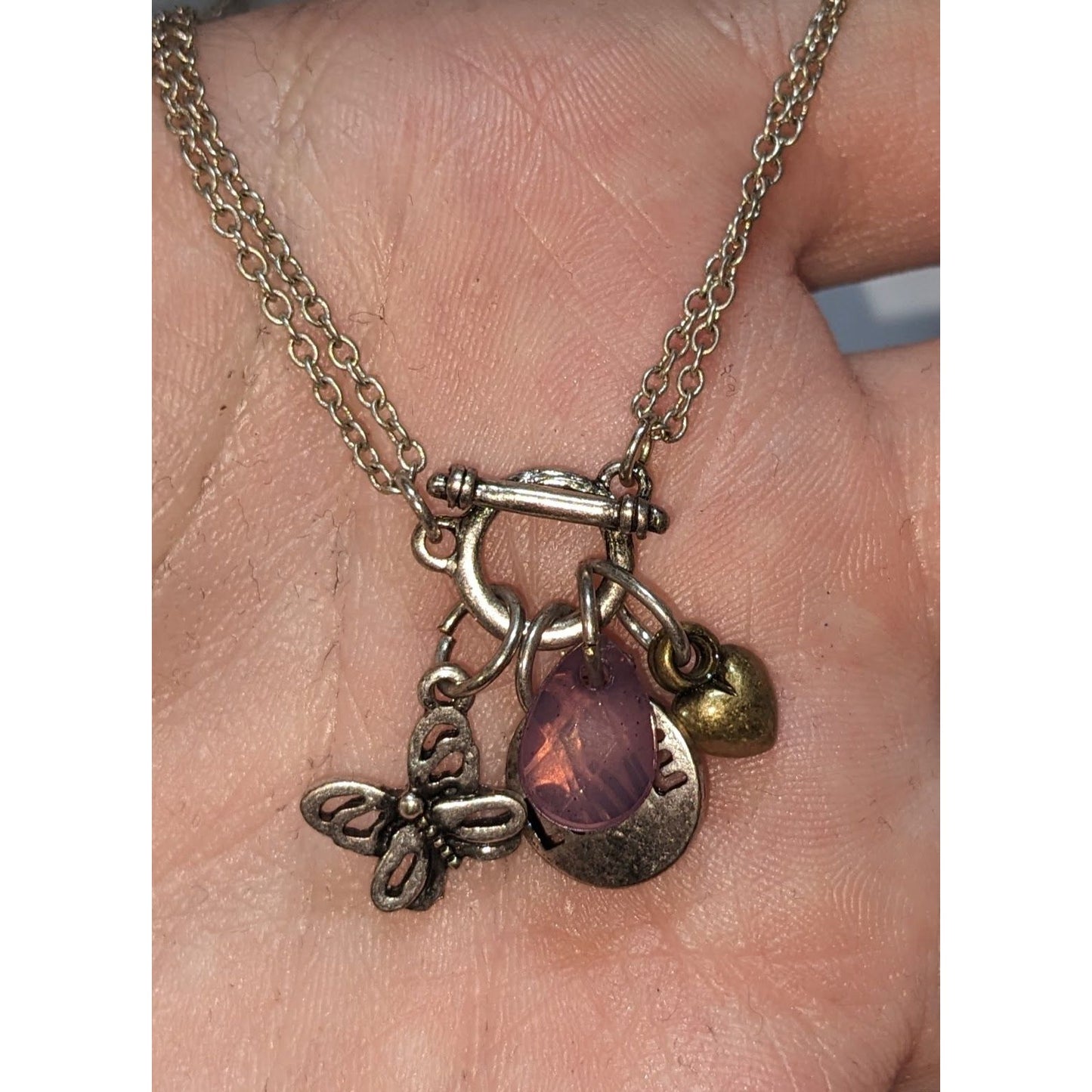 Silver Butterfly Charm Necklace Love Pendant Pink Crystal Heart Layering Necklace