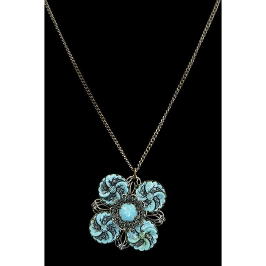Vintage Faux Turquoise Floral Pendant Necklace Silver Tone Blue Southwestern Jewelry