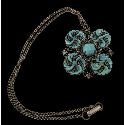 Vintage Faux Turquoise Floral Pendant Necklace Silver Tone Blue Southwestern Jewelry