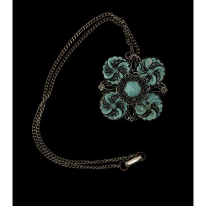 Vintage Faux Turquoise Floral Pendant Necklace Silver Tone Blue Southwestern Jewelry