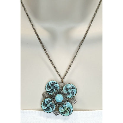 Vintage Faux Turquoise Floral Pendant Necklace Silver Tone Blue Southwestern Jewelry