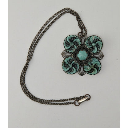 Vintage Faux Turquoise Floral Pendant Necklace Silver Tone Blue Southwestern Jewelry