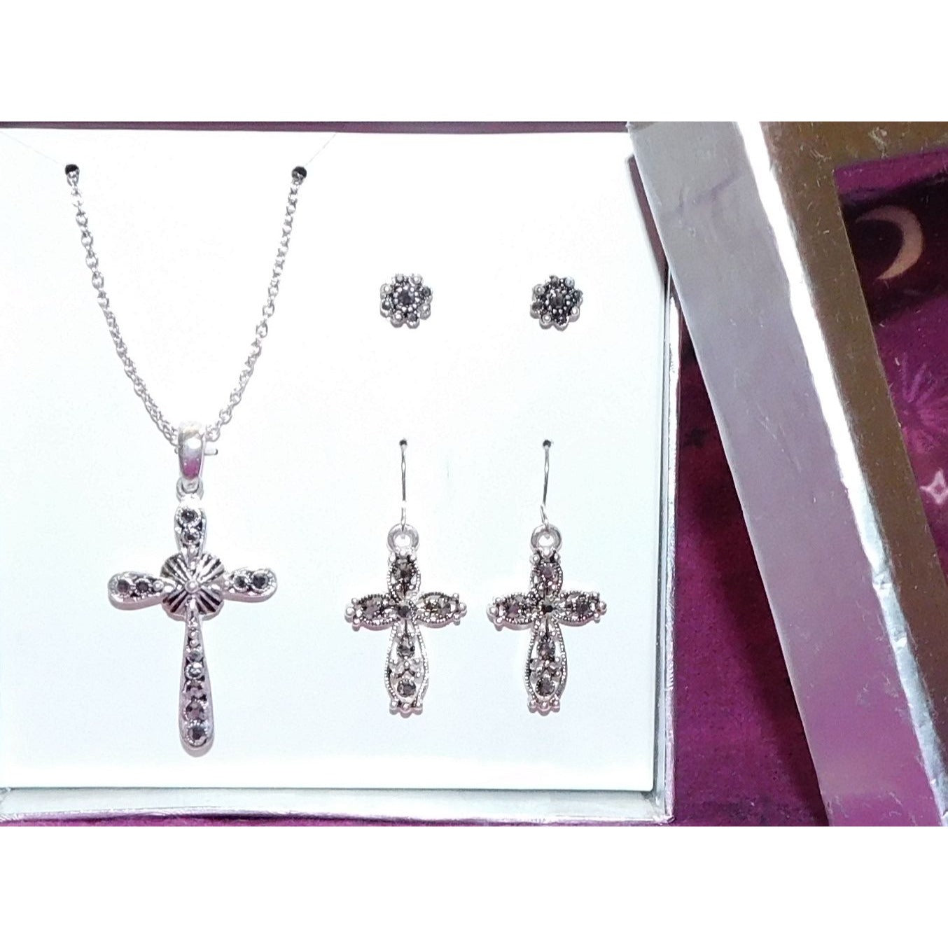 Religious Silver Tone Rhinestone Cross Jewelry Set