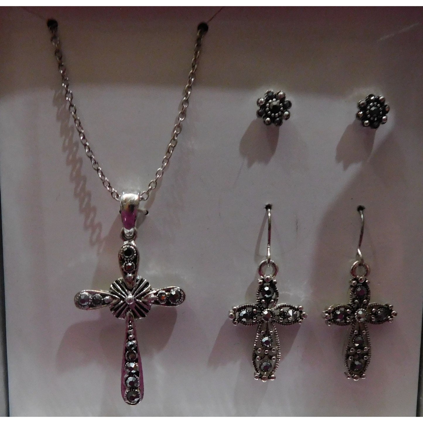 Religious Silver Tone Rhinestone Cross Jewelry Set