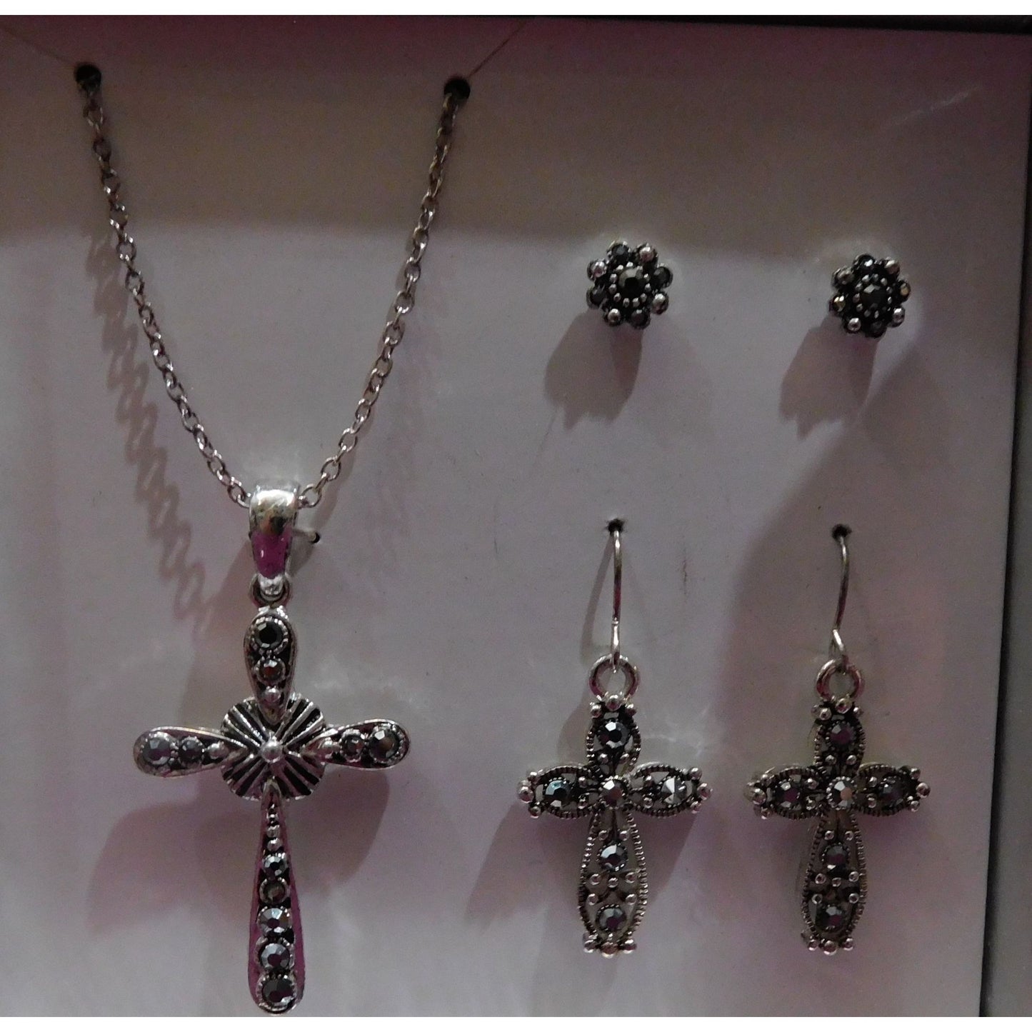 Religious Silver Tone Rhinestone Cross Jewelry Set