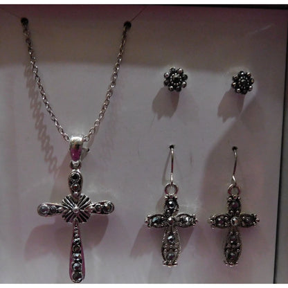 Religious Silver Tone Rhinestone Cross Jewelry Set