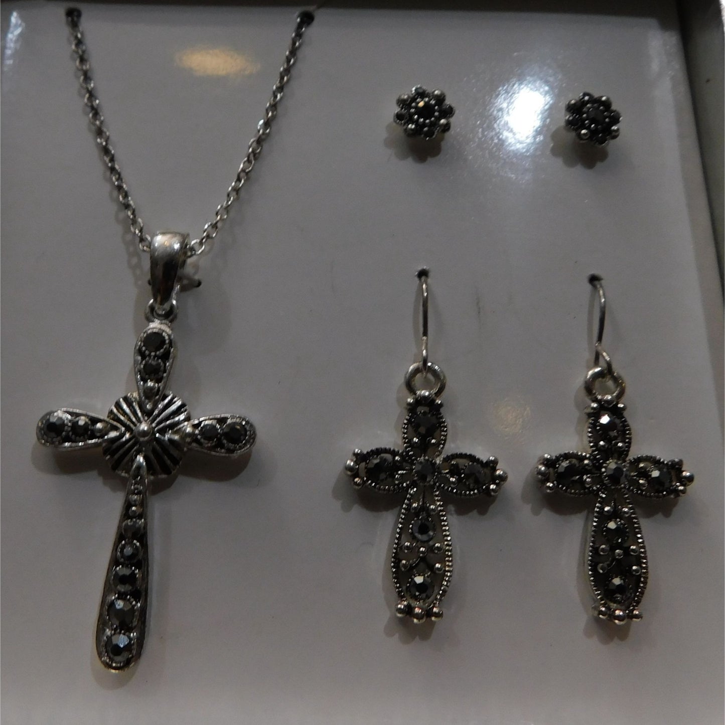 Religious Silver Tone Rhinestone Cross Jewelry Set