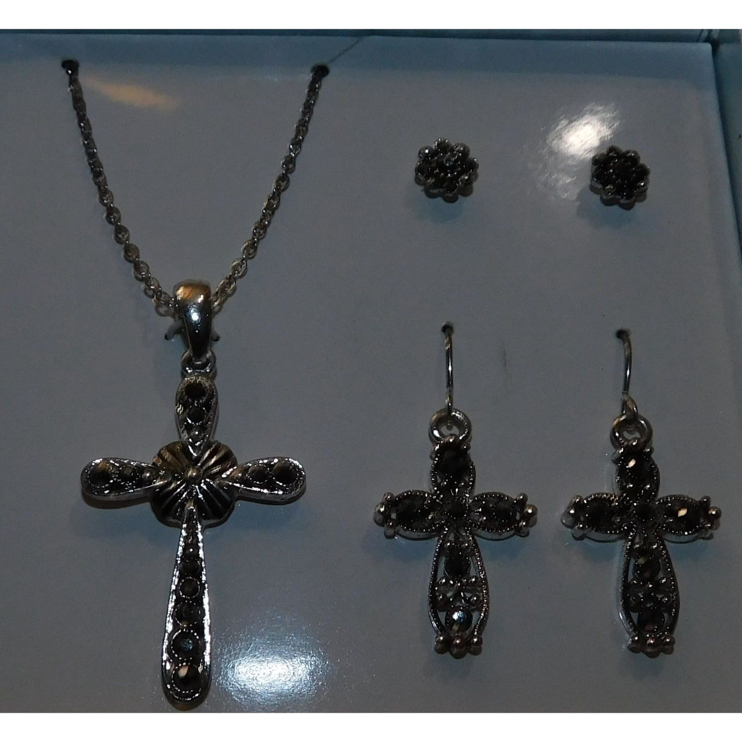 Religious Silver Tone Rhinestone Cross Jewelry Set
