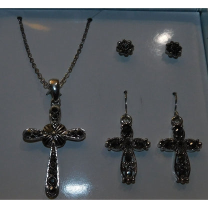 Religious Silver Tone Rhinestone Cross Jewelry Set