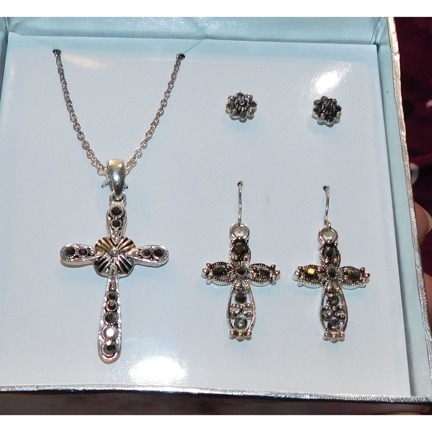 Religious Silver Tone Rhinestone Cross Jewelry Set