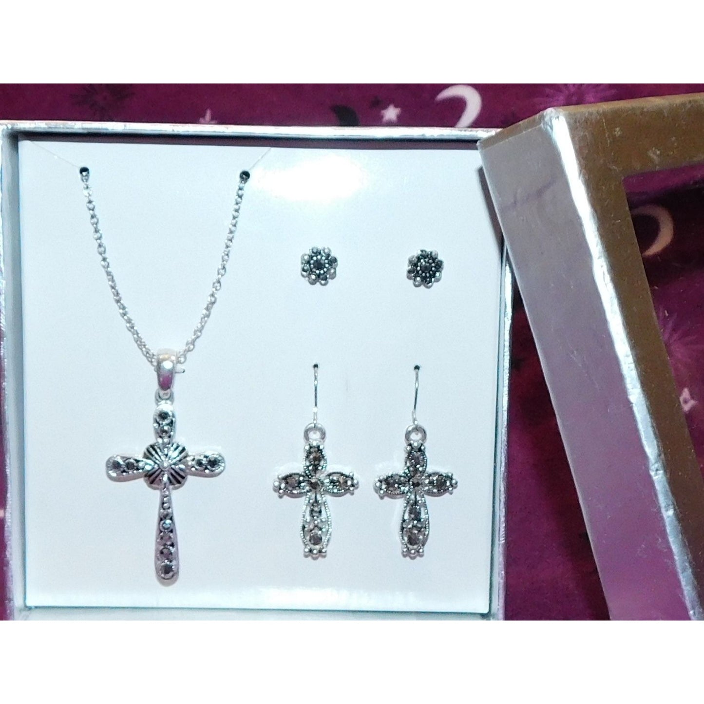 Religious Silver Tone Rhinestone Cross Jewelry Set