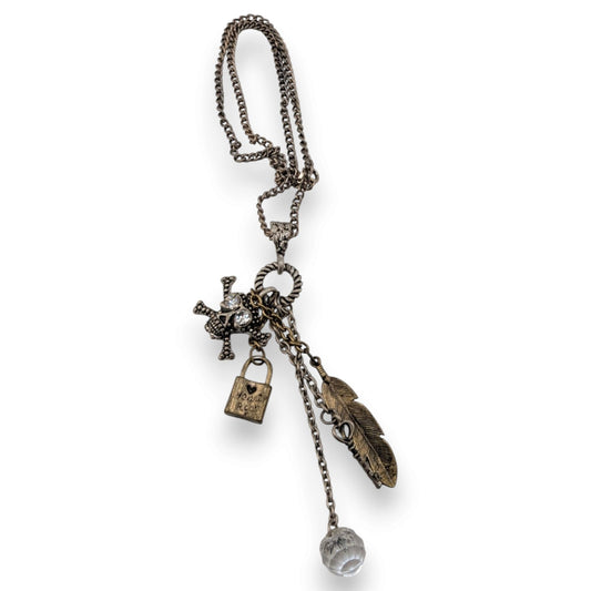 Steampunk Gothic Pirate Skull Cross Feather Charm Necklace Mixed Metal 20 Inch