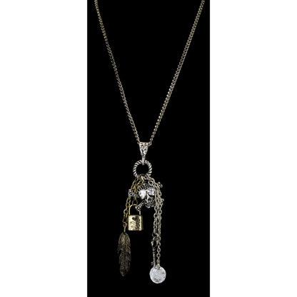 Steampunk Gothic Pirate Skull Cross Feather Charm Necklace Mixed Metal 20 Inch