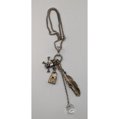 Steampunk Gothic Pirate Skull Cross Feather Charm Necklace Mixed Metal 20 Inch