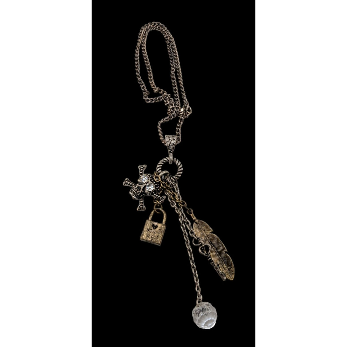 Steampunk Gothic Pirate Skull Cross Feather Charm Necklace Mixed Metal 20 Inch