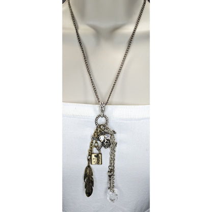 Steampunk Gothic Pirate Skull Cross Feather Charm Necklace Mixed Metal 20 Inch